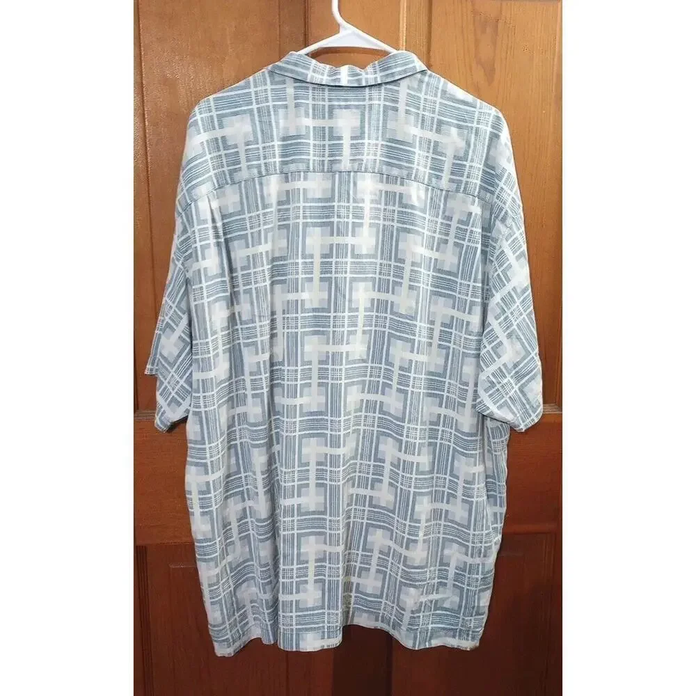 Tommy Bahama Silk shirt Textured‎ Short Sleeve Blue Square Print 2X-Large